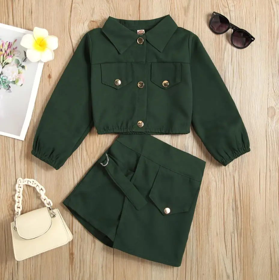 

Spring Autumn Fashion Kids Girls 2pcs Clothes Sets Army Green Long Sleeve Jacket Tops A-Line Skirts Girls Clothes Set