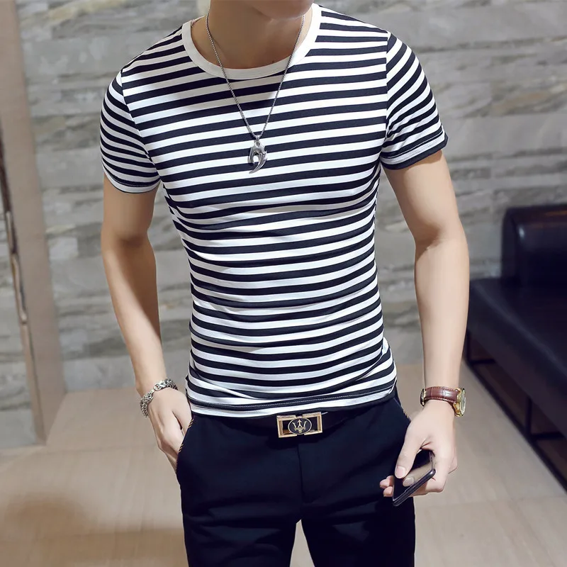 Hot Seller Summer Stripe T-shirt Men's Fashion O-neck Short Sleeve T Shirt Men Clothing Trend Casual Slim Fit Top Tees |