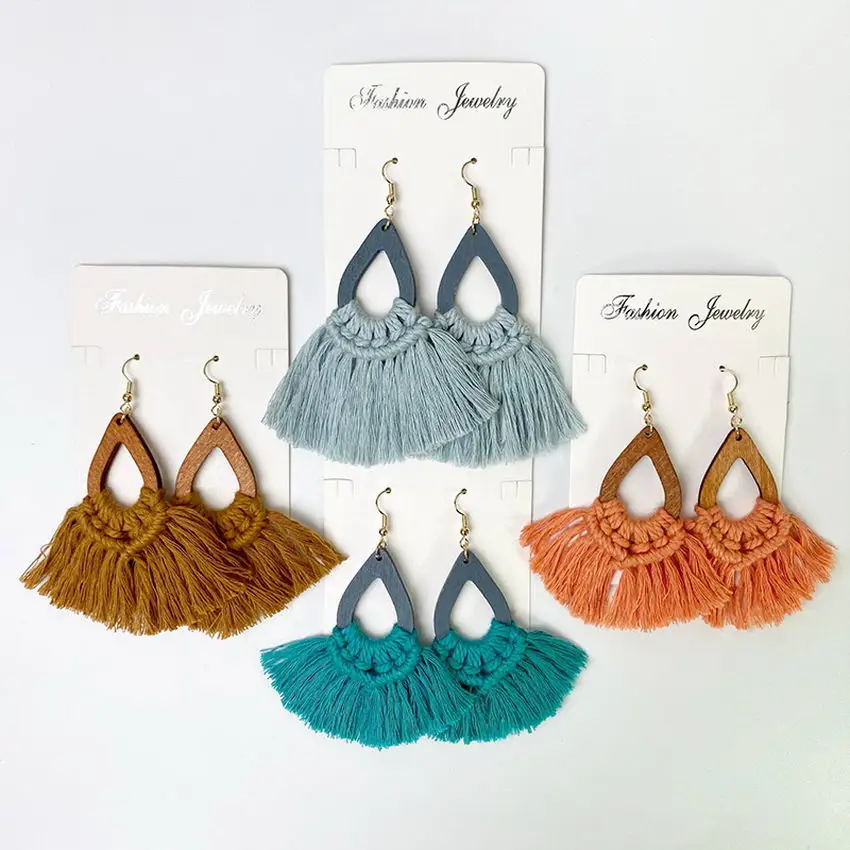 

2021 Handworked Macrame Earrings Cutout Colored Wood Teardrop Fan Fringe Weave Cotton Tassel Earrings for Women Bohemian Jewelry