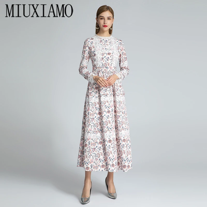 

MIUXIMAO высококачественное осеннее платье 2020 с длинным рукавом и цветочным принтом, кружевное винтажное повседневное длинное пляжное платье ...