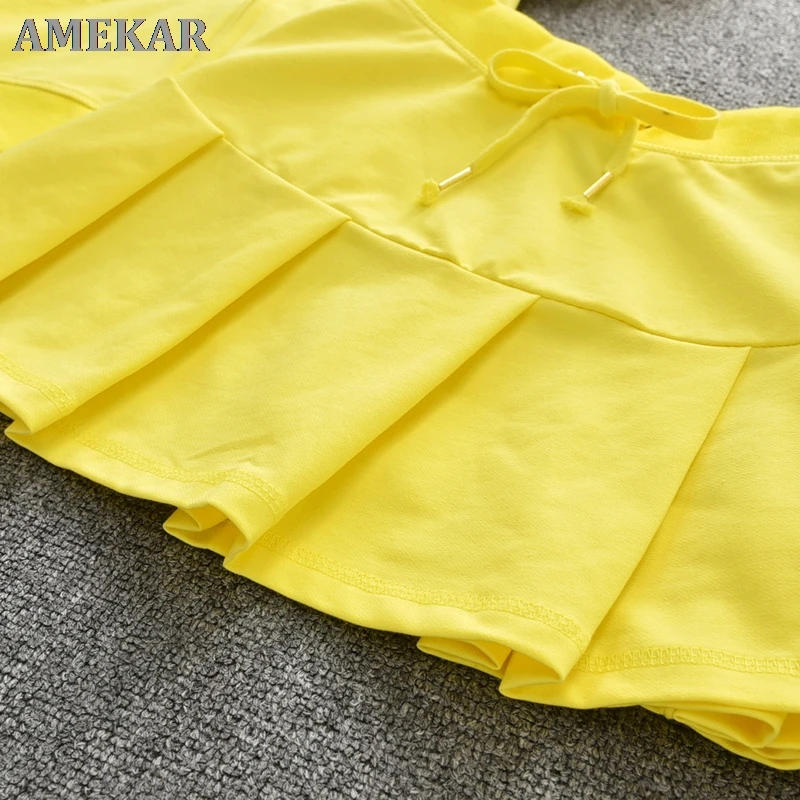 

Summer Cotton Tracksuit A-Line High Waist Pleated Mini Skirt Pink Women's Hoodies Fashion Slim Waist Casual Tennis Skirts