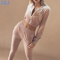 ladies suit gold velvet leisure sports suit solid color sweater zipper cropped long sleeved trousers two piece suit