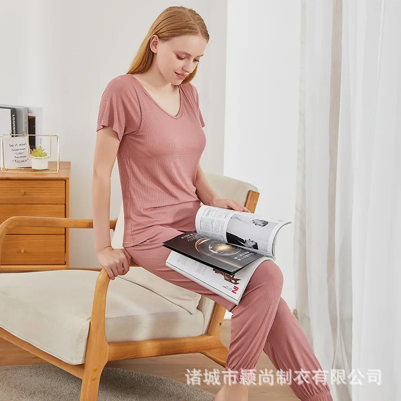 Spring Autumn New Women's Pajamas Sets Modal V-neck Short Sleeve Full Length with Bra 2Pcs Nightwear Loose Home Wear Sleepwear