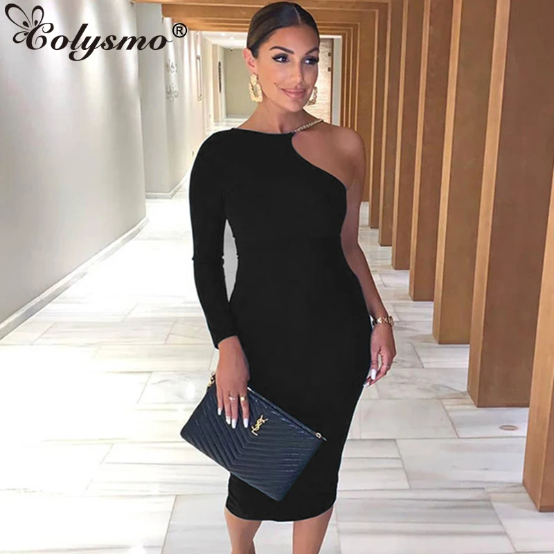Colysmo на одно плечо с цепочкой сексуальные вечерние зимнее длинным рукавом миди
