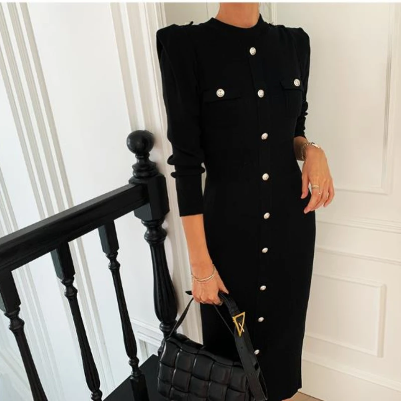 

New Runway Spring Small Fragrance Knitting Women Eleagnt Single-breasted Office Lady Long Sleeve Sweater Dress