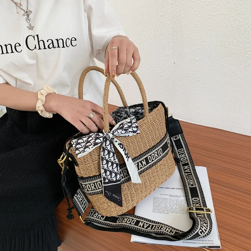 

Fashion Drawstring Ladies Shoulder Bag Women bow Cross-body Shoulder Bag Straw weaving Women Hand Bag Small Bucket bag