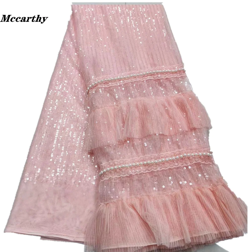 

Mccarthy 2021 popular beads and sequins lace fabric 5yards hot selling african lace fabric with bead for wedding or party dress