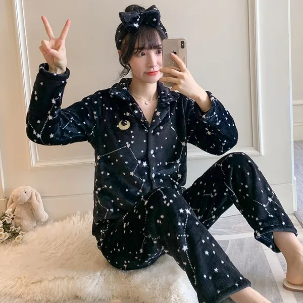 

Thick Warm Coral Velvet Pajamas Sets For Women Star Print Sleepwear Fashion Flannel Pijama Mujer Leisure Home Clothes