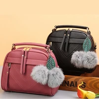 women shoulder bag pu leather handbag 2021 female shopper purse fashion casual geometric pattern hair ball pendant crossbody bag