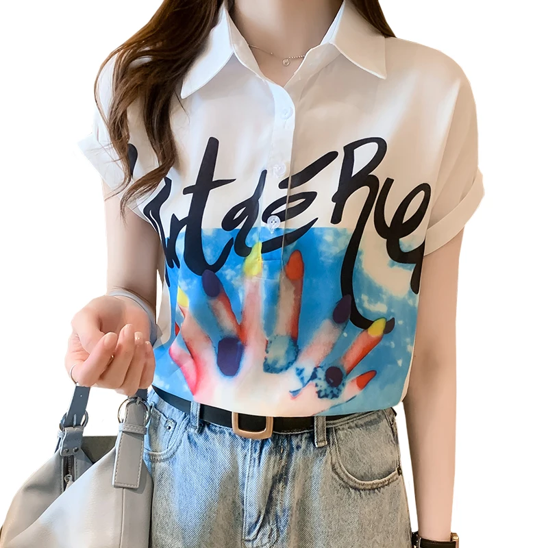 

Chiffon Loose Women's Blouses New Casual Blouse Fashion Short Sleeve Top Printing Buttons Polo Shirt Summer Houthion