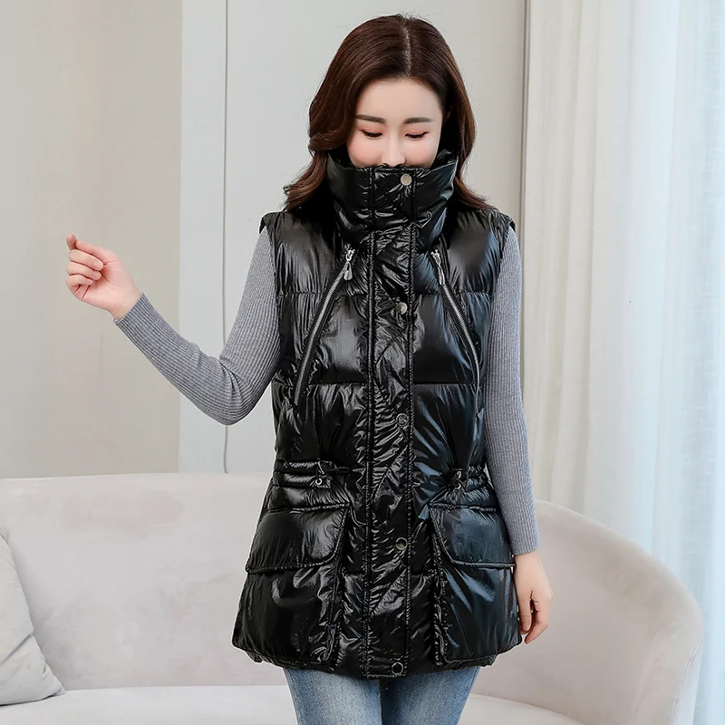 

Glossy Women Sleeveless Jacket Stand Collar Ladies Casual Long Winter Vests Zipper Pockets Cotton Padded Waistcoat for Female