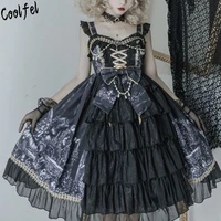 japanese goth black suspender princess lolita dress vintage women gothic print beading slevelesss backless jsk fairy dresses