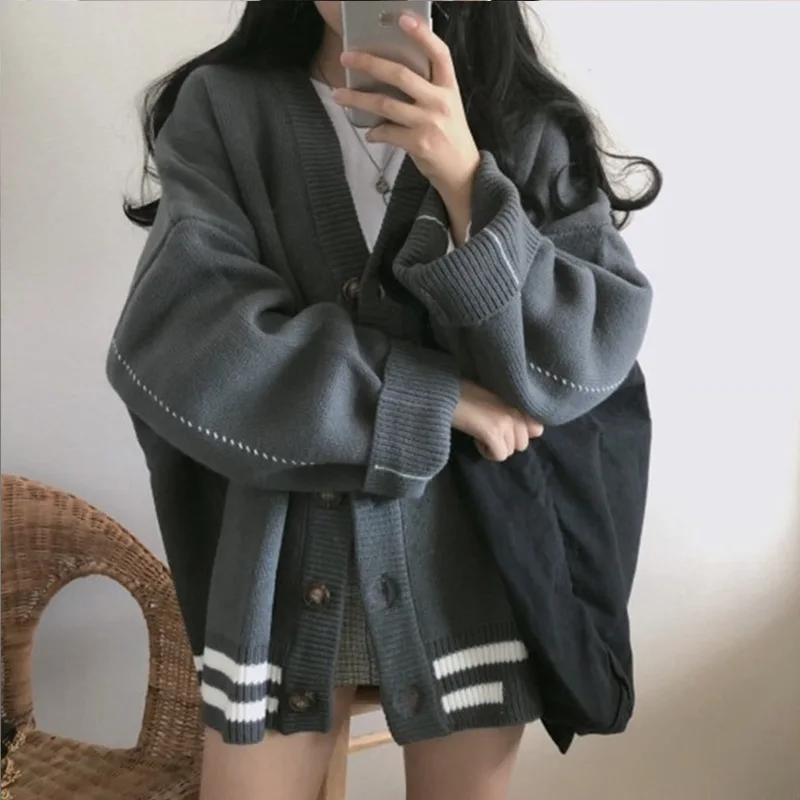 CHRLEISURE Women Cardigan Sweater Single Breasted Bat Sleeve V-neck Long Knit Loose Coat Autumn |