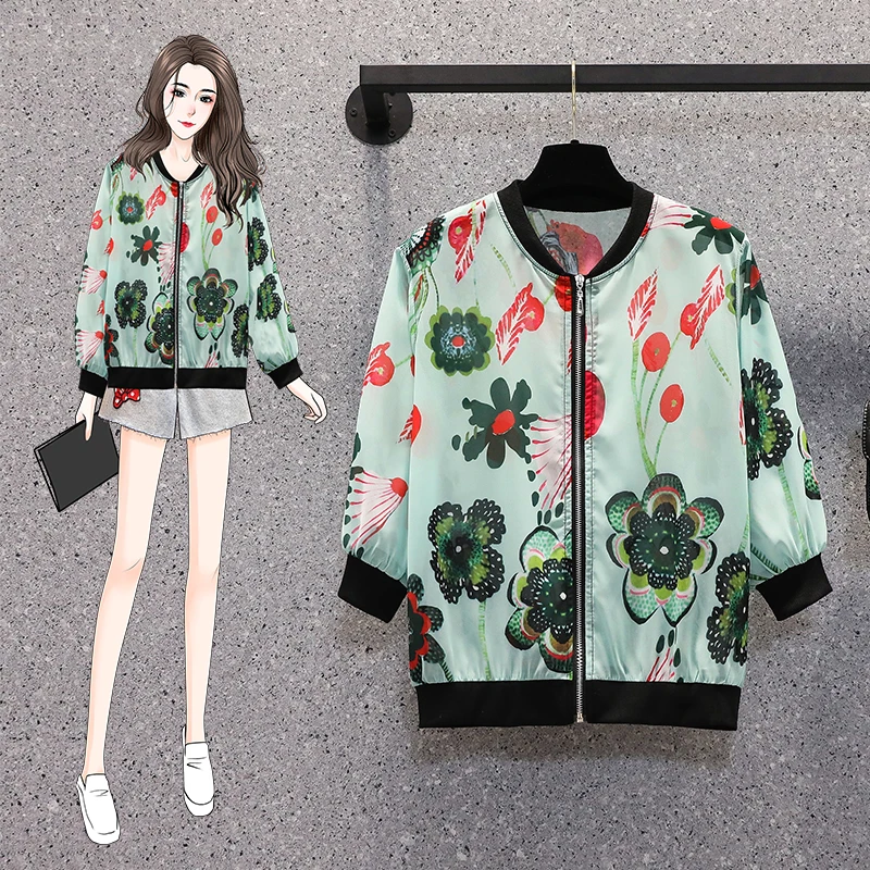 

M-5XL Plus Size Women Summer Cardigan Chiffon Sun Protection Clothing Long Sleeve Flowers Print Short Baseball Uniform Jacket