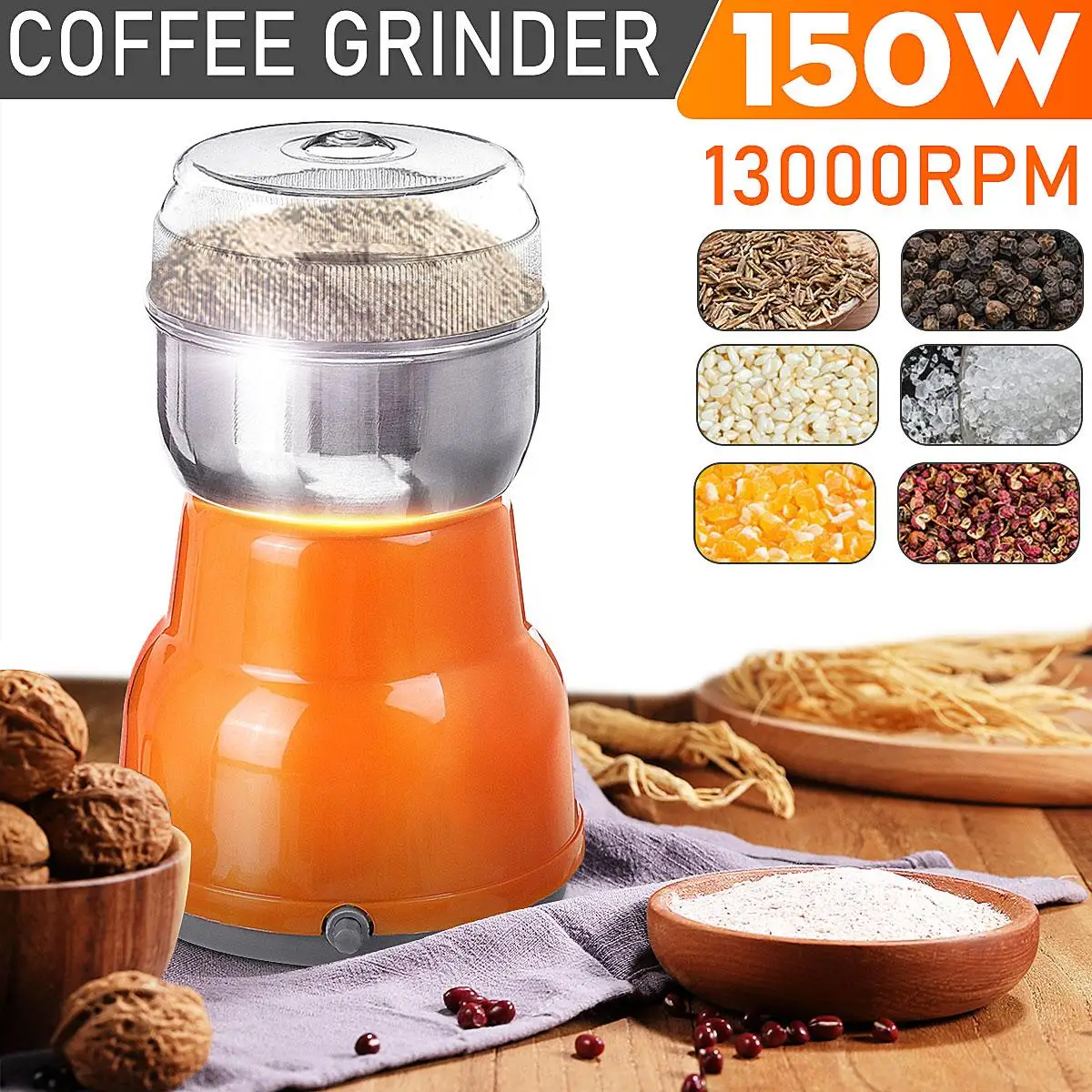 

150W 220V 150ml Electric Coffee Bean Grinder Blenders Home Kitchen Office Stainless Steel Portable Grain Milling Corn Grinding