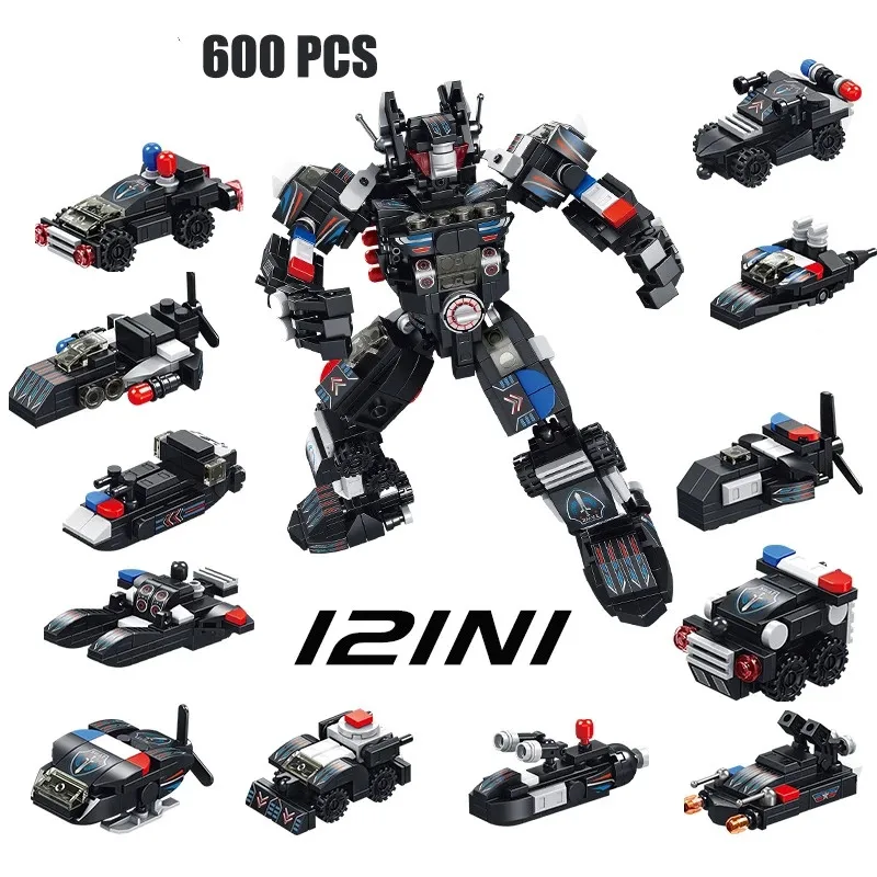 

600 PCS City Police 12 IN 1 SWAT Transformation Mech Car Robot Model Helicopter Building Blocks Children's Toy Gift Small Bricks