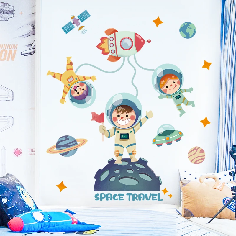 

Cartoon Astronaut Planet Rocket Wall Stickers for Kids Room Wall Decoration Self Adhesive Boy's Bedroom Decals PVC Mural