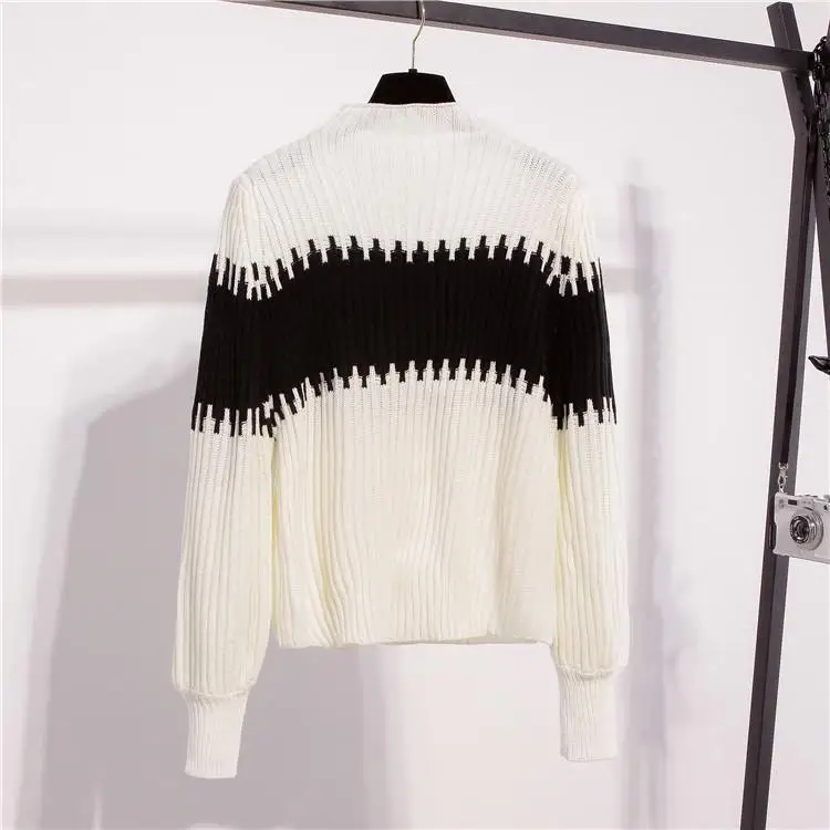 Осень 2020 корейские женские комплекты Белый Черный Полосатый лоскутный свитер с