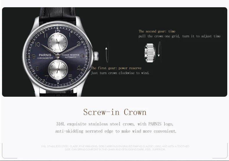 Parnis 43mm Silver Case Automatic Mechanical Men's Watch Power Reserve Black Leather Strap Men Watches heren horloge Luxury