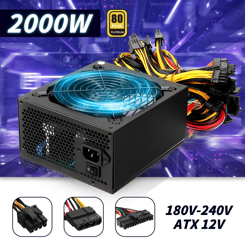 

PC Computer Miner Power Supply 2000W 180~240V 80 Plus Platinum Certified ETH BTC Bitcoin Miner Mining Power Supply ATX PSU SATA