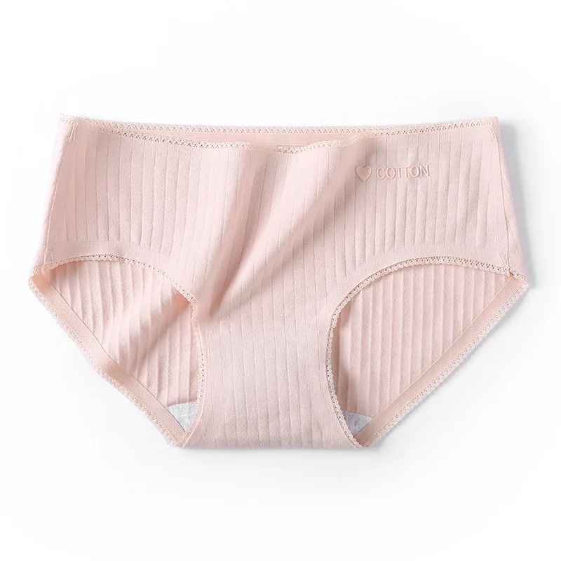 

New Product Seamless Cotton Breathable Antibacterial Mid-WaistStriped Epoxy LaceTrim Ladies Briefs