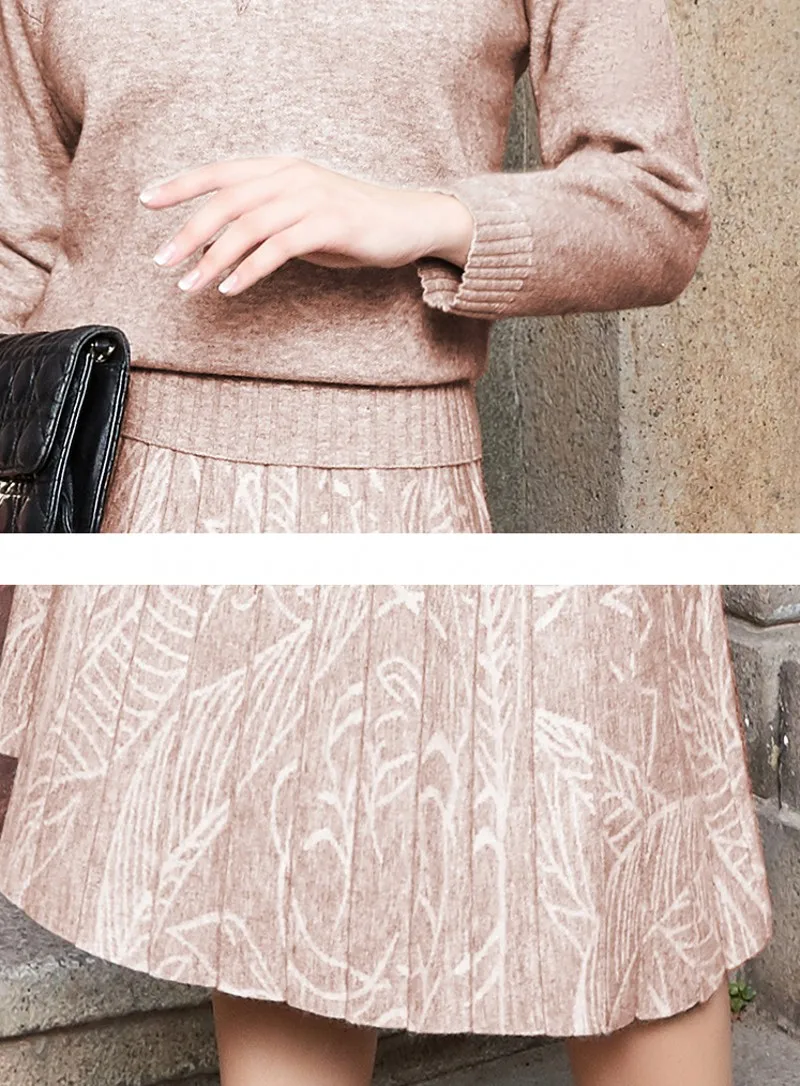 

Autumn Winter Knitted 2 Piece Set Women Fashion Turtleneck Wool Sweater+Elastic Midi Skirt Suit Casual Loose Outfits