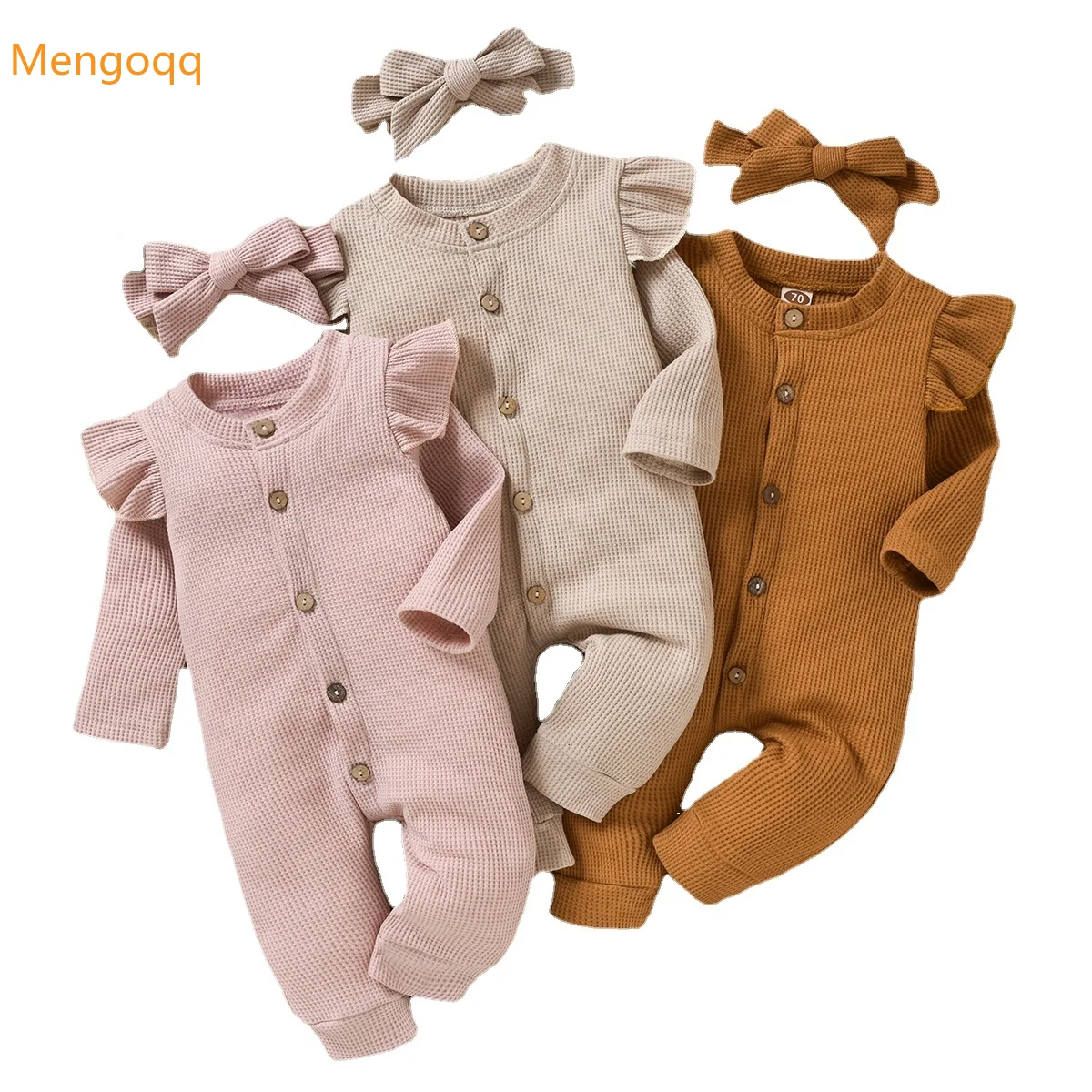 

Newborn Girls Spring Full Sleeve Ruched Solid Outfits+headbands Infant Casual Jumpsuits Kids Baby Clothes Romper 0-18M