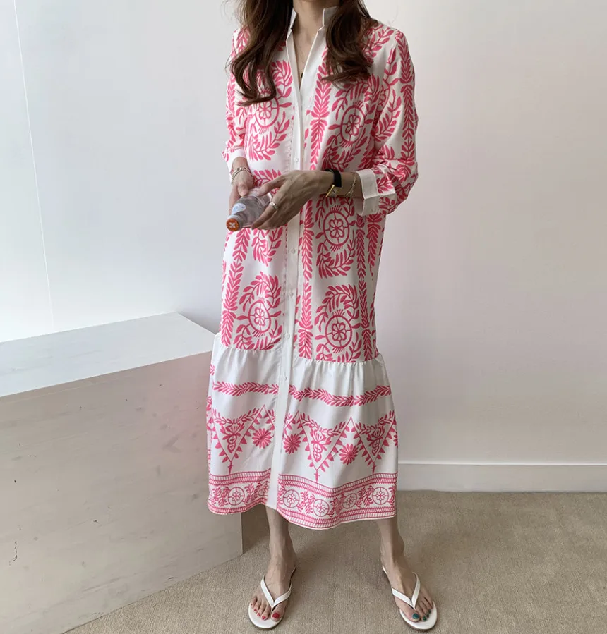 Женское длинное платье рубашка с принтом винтажное однобортное праздничное