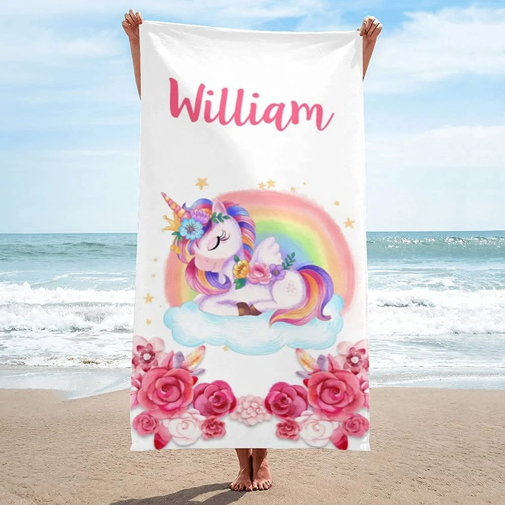 

Girl Custom Rainbow Unicorn Beach Towel Personalized Beach Towel Name Custom Quick-Drying Towel 30×60