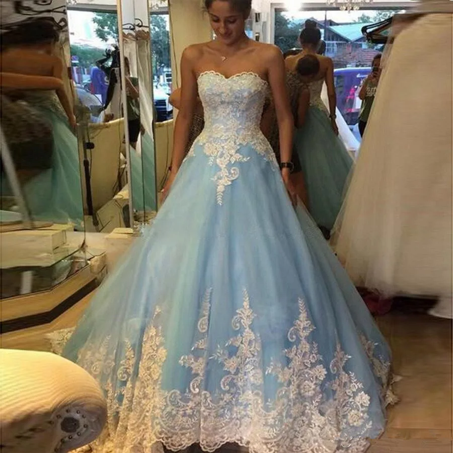 

Sweet 15 Year Sky Blue Quinceanera Dresses with White Lace Ball Gown Sexy Sweetheart Backless Corset Pageant Lady Birthday Party