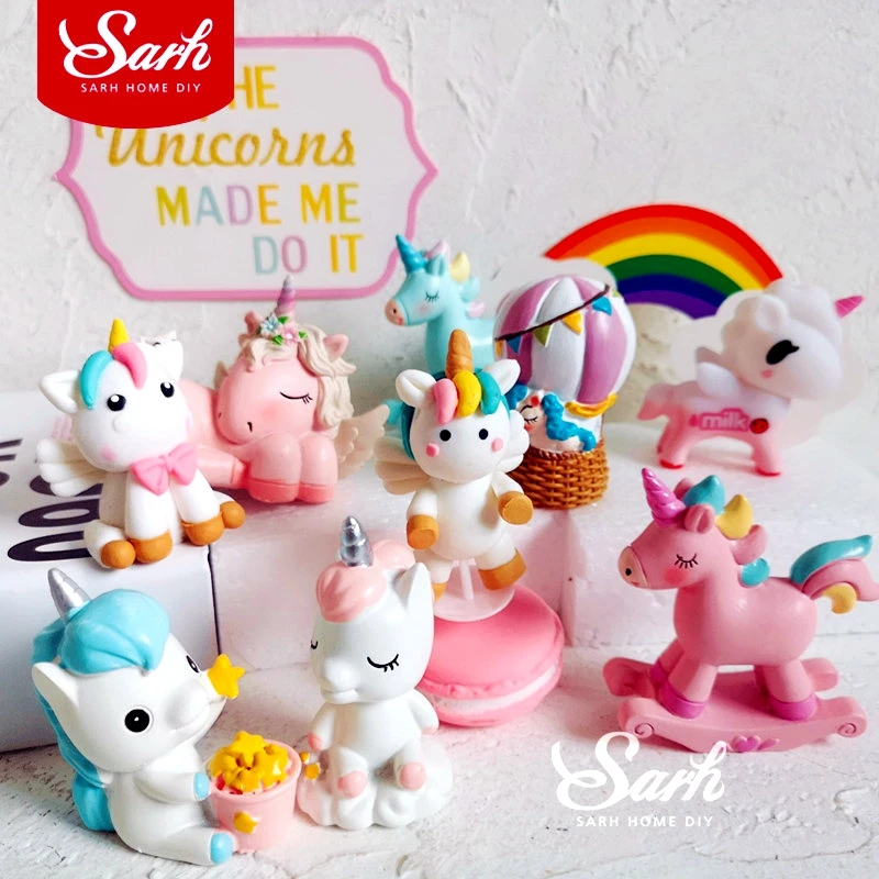 Розовый синий глина белый стоя лежа единорог коллекция украшения для торта дня