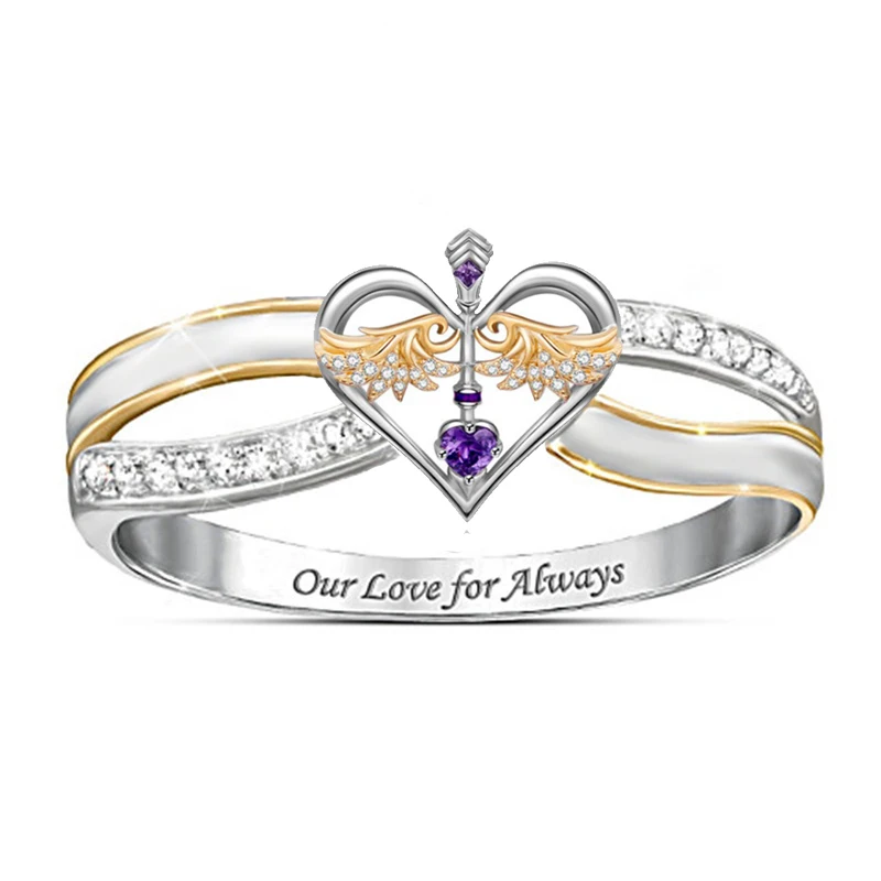 

Popular romantic heart-shaped angel wings zircon ladies wedding rings birthday party accessories charm jewelry gifts wholesale