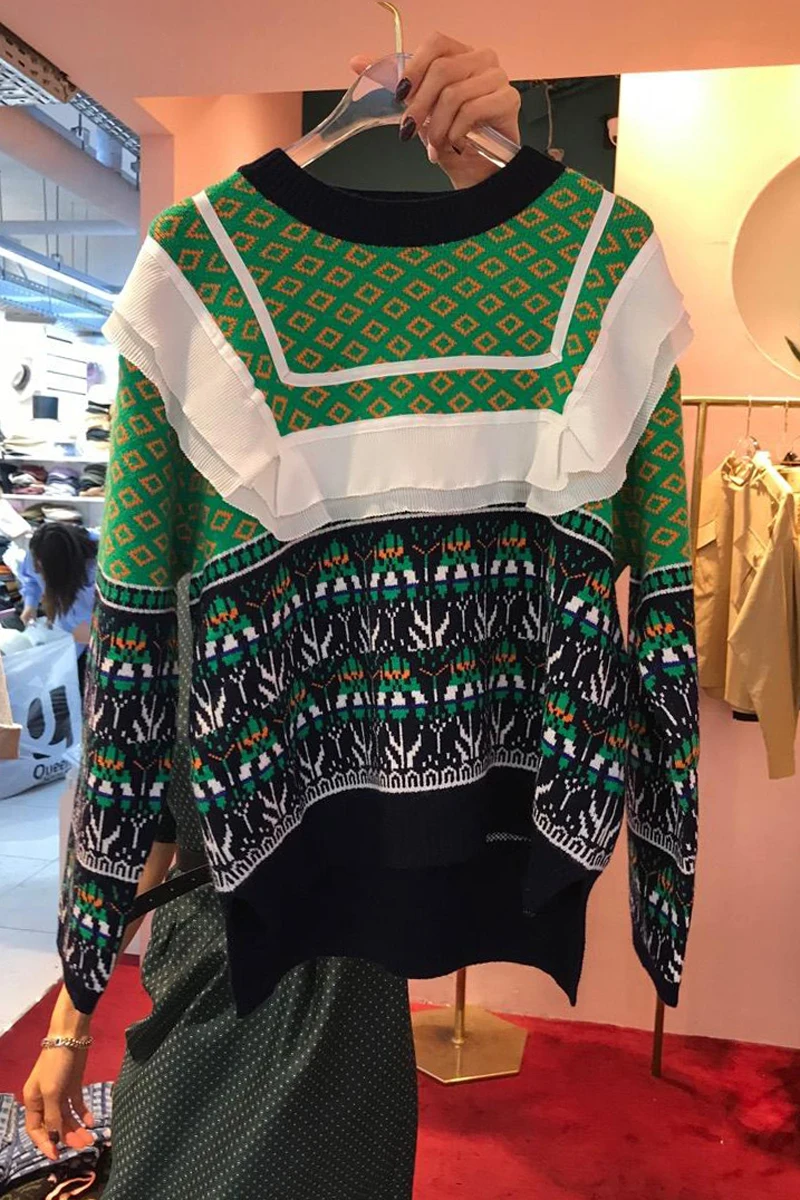 

2020 Autumn and Winter New Design Color Patchwork Ruffles O Neck Pullover Sweater Women