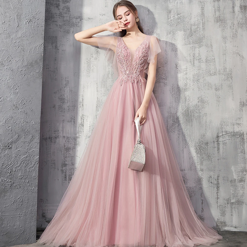 

Dioflyusa Pink V Neck Short Sleeve Beads Sequins Embroidery Long Bride Engagement Evening Ball Gown Woman Cocktail Party Dress