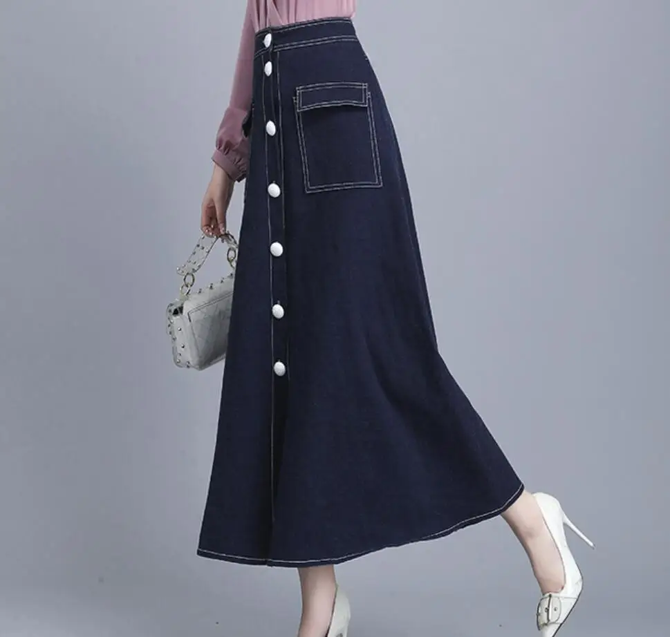 

2020 autumn thick high waist denim umbralls skirt women single breasted ankle length a-line jeans skirt