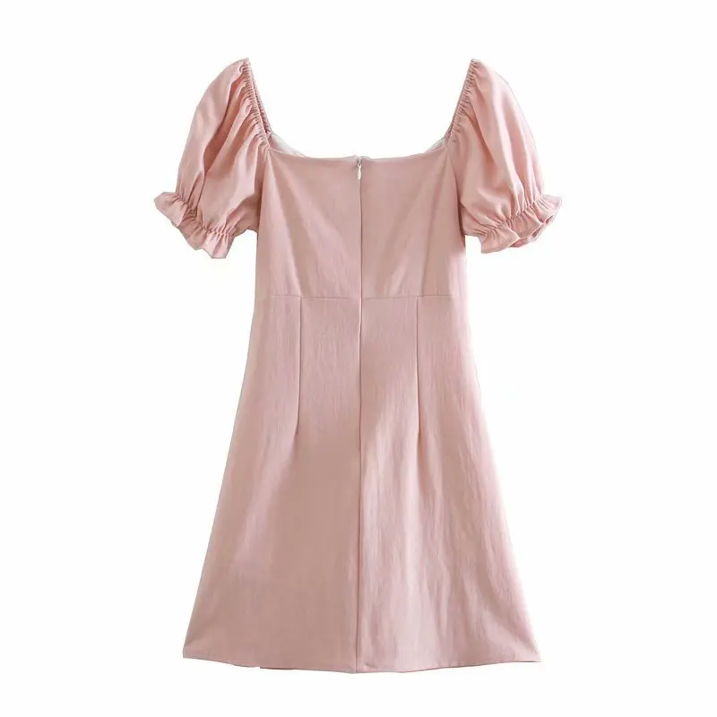 

Women's 2021 New Spring Summer Puff Sleeve Pink Short Dress For Ladies Square Collar Lace Slit A Line Chic Dresses For All Match