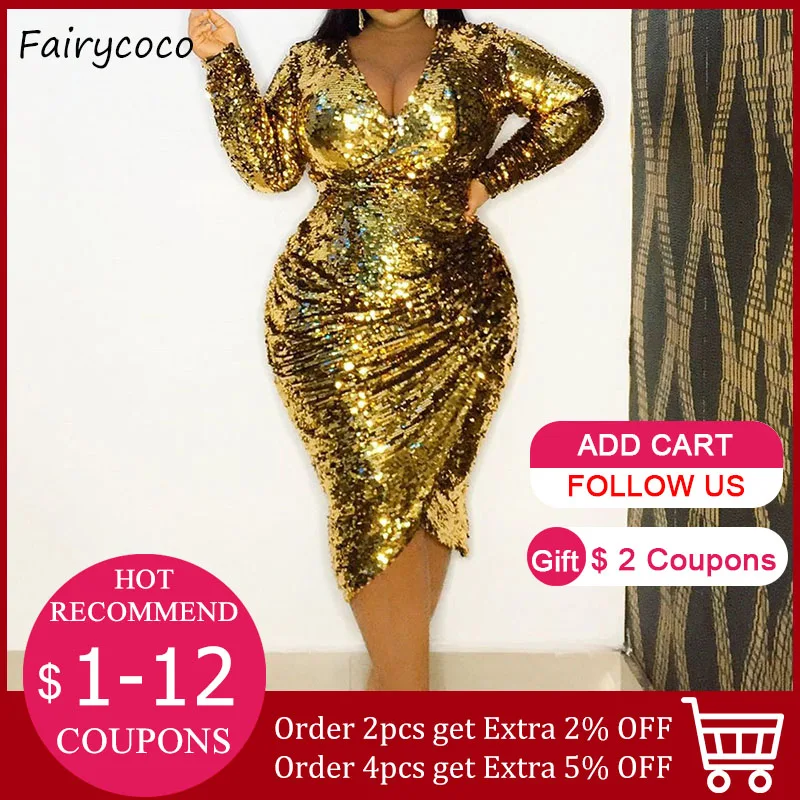 

Sequins Dress Women Sexy Fashion Midi Dresses Golden Party Night Club African Ladies V-Neck Long Sleeve Plus Size 2021 Spring