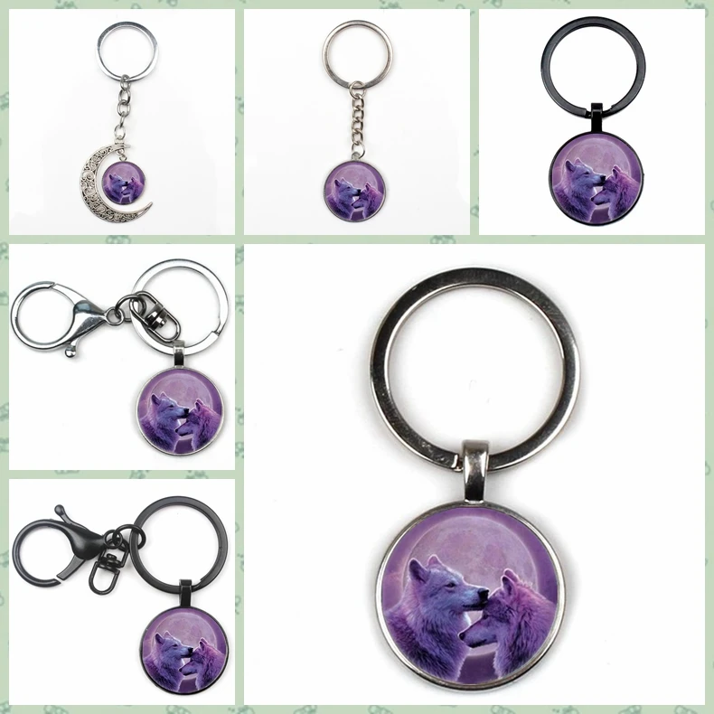 

New Cute Purple Moon Wolf Totem Crystal Pendant Man Woman Keychain Fashion Quality Car Charm Bag Glass Key Chain Gift Key Ring