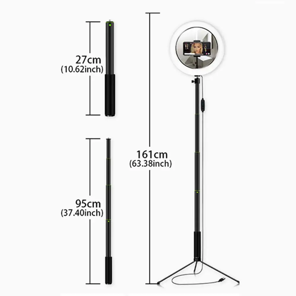 

3 In 1 26cm LED Beauty Ring Light 95cm Selfie Stick Tripod for Live Broadcast USB powered method Easy to Use