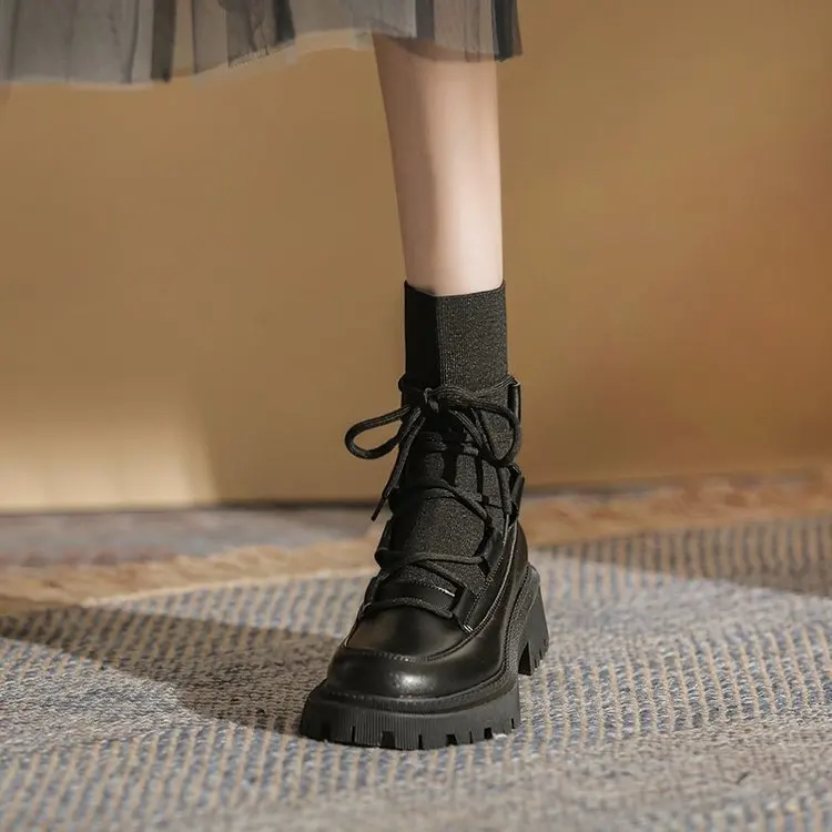 

Black Platform Combat Ankle Boots For Women Lace Up Buckle Strap Woman Shoes Winter Biker Boots Big Sizeff6