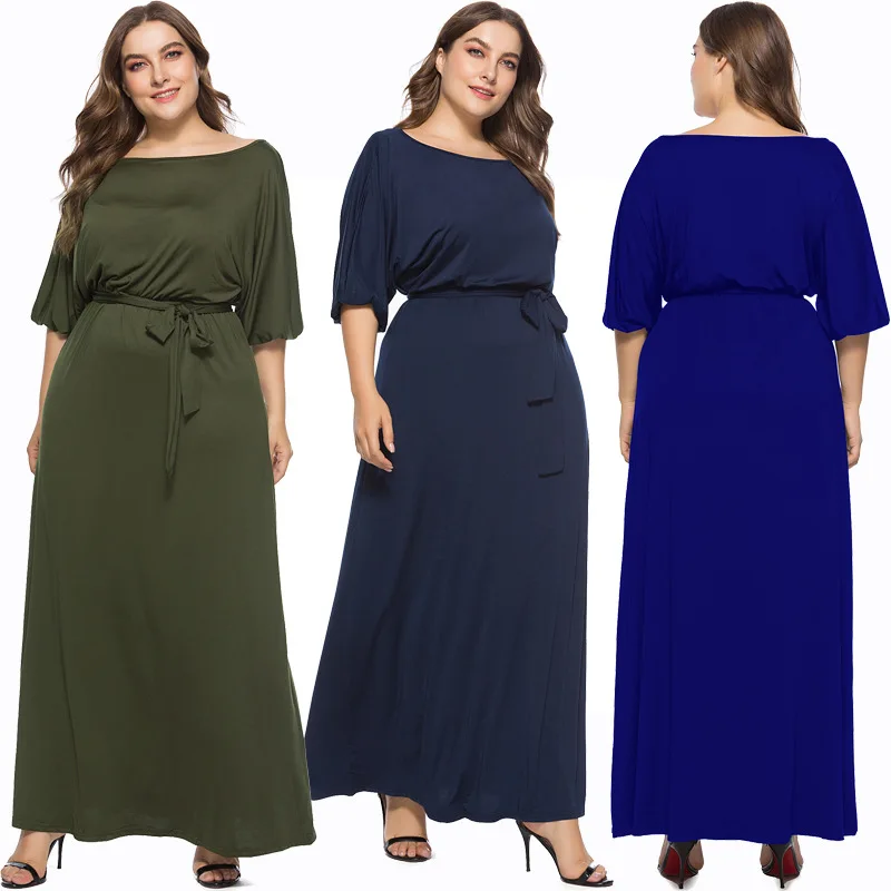 

Plus Size Dress The New Women's Sexy Dress with One-line Collar and Mid-sleeve Tie Up