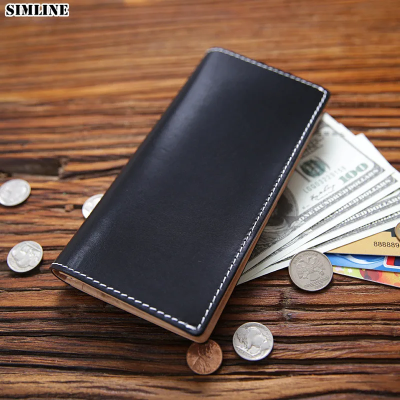 

SIMLINE Genuine Leather Wallet For Men Male Vintage Handmade Real Cowhide Long Men's Purse With Card Holder Zipper Coin Pocket