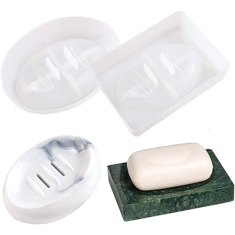 

2PCS Silicone Soap Dish Resin Mold Oval/Square Drain Soap Box Epoxy Resin Casting Mould Home Organizer
