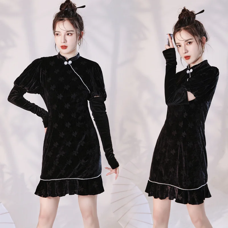 

Бархатное модное современное улучшенное платье-Ципао «рыбий хвост»