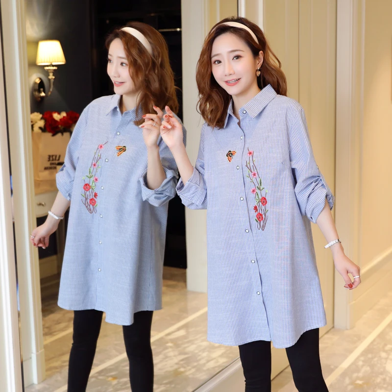 8190# Spring Fashion Cotton Maternity Blouses Long Sleeve Embroidery A Line Slim Loose Shirt for Pregnant Women Pregnancy Tops |