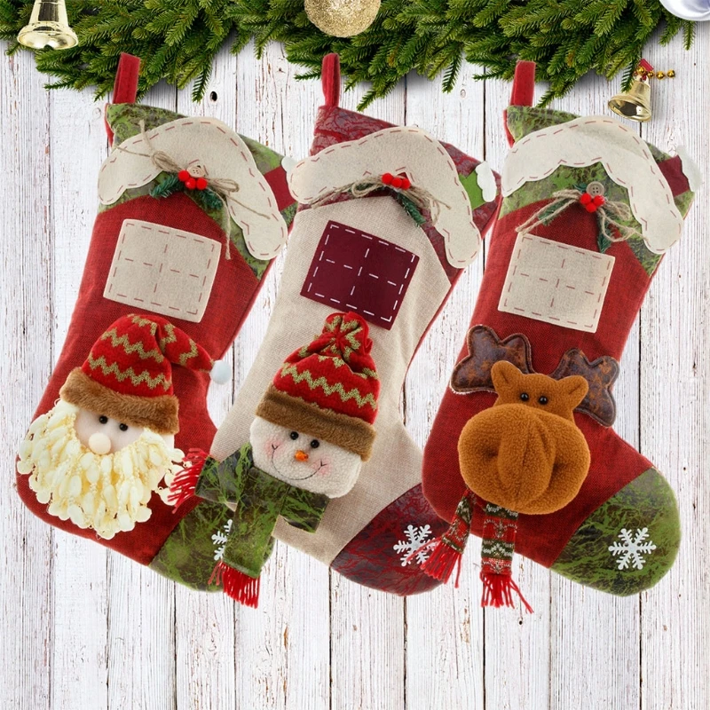 

Large House Christmas Stockings Candy Bag Xmas Elf Santa Snowman Doll Element Stocking for Family Country Rustic Decor