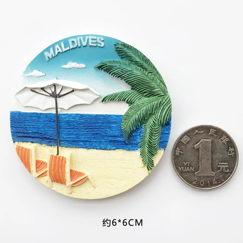 Мировые туристические пейзажи, наклейки на холодильник, Maldives, океан, пляж, тисненые рыбы, магнитные фото наклейки на холодильник - Цвет: Round Beach