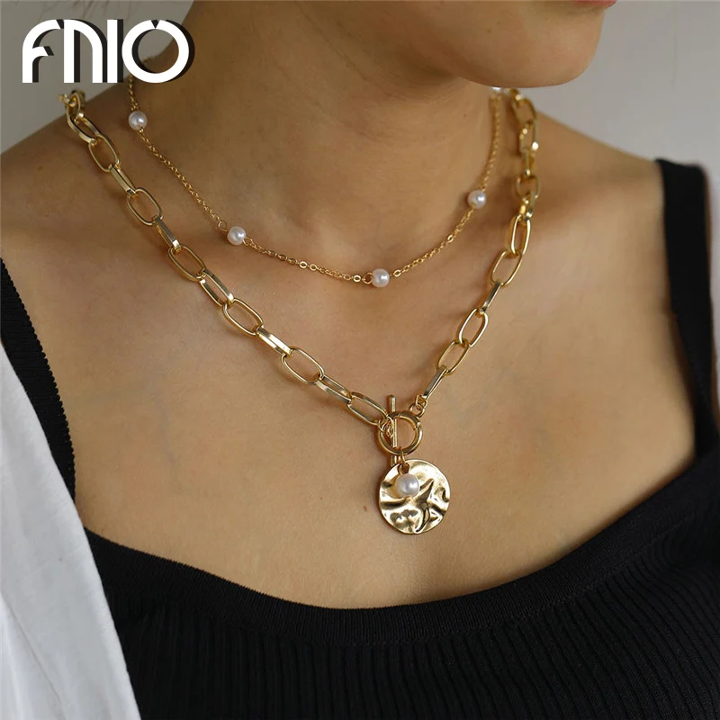 FNIO готическое барочное жемчужное монетное ниспадающее ожерелье на шею для