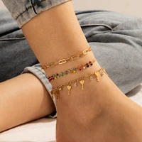 3 piecesset of womens fashion golden rice beads multi layer key anklet female tassel chain anklet new foot jewelry gift