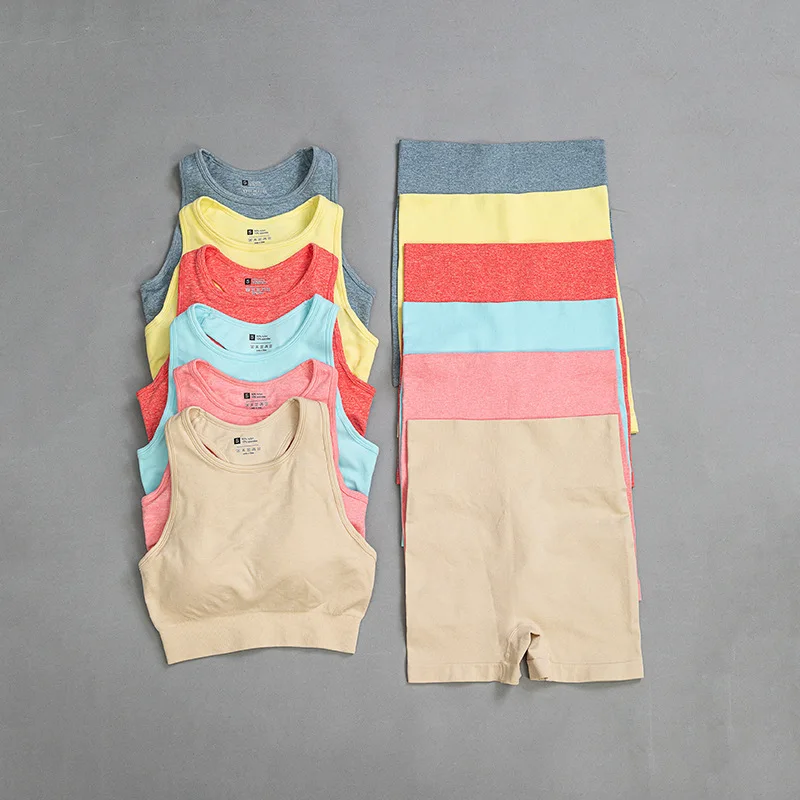 

Sport Set Women Seamless Yoga Set Sleeveless Breathable Bra High Stretch High Waist Biker Shorts Fitness Running Workout Clothes